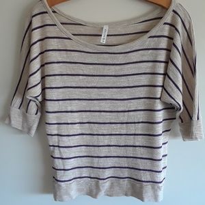 Purple/beige stripe 3/4 sleeve scoop sweater shirt